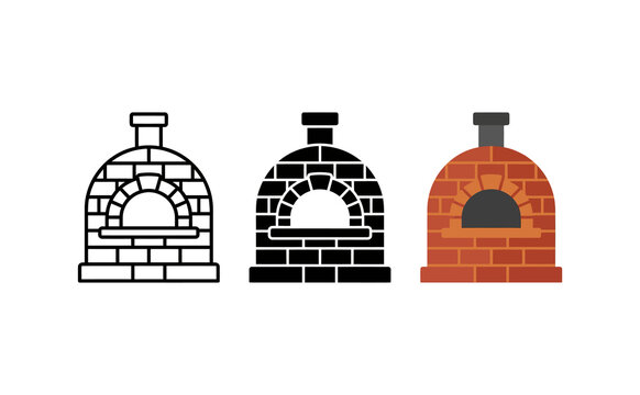 Minimalist brick oven icon set featuring outline silhouette and color designs