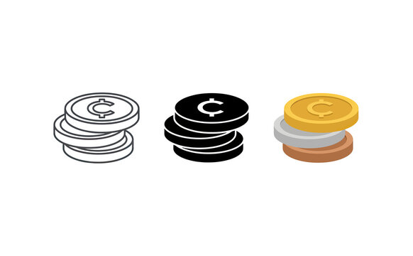 Minimalist coin stacks vector icons in outline, solid, and colorful styles