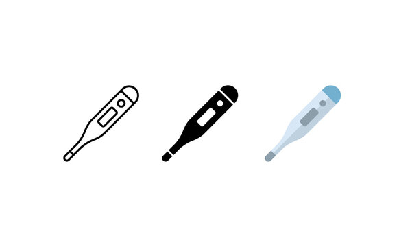 Minimal digital thermometer vector icons set in outline, solid, and color styles