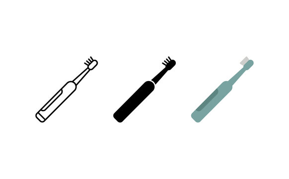 Minimalist electric toothbrush icons in outline, solid, and flat color styles