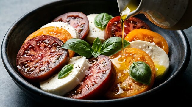 Classic italian caprese salad with sliced heirloom tomatoes and fresh mozzarella drizzled with organic extra virgin oil