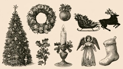 Obraz premium Various Christmas items like a decorated tree, wreath, reindeer sleigh, candle, angel figurine, and stocking.