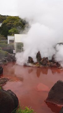 Umi Jigoku, (Sea hell), Kannawa district, Beppu City, Beppu Jigoku, Japan, steaming hot spring pond at Hells of Beppu tour, Oita Prefecture, Kyushu Island, vivid mineral colored geothermal water