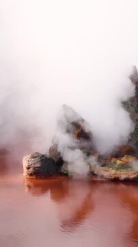 Umi Jigoku, (Sea hell), Kannawa district, Beppu City, Beppu Jigoku, Japan, steaming hot spring pond at Hells of Beppu tour, Oita Prefecture, Kyushu Island, vivid mineral colored geothermal water