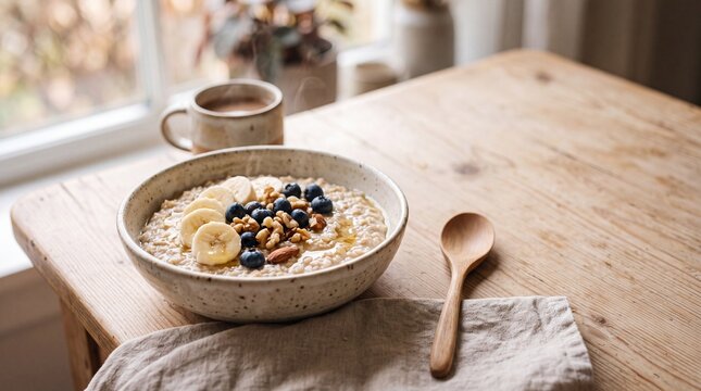 A ceramic bowl of hot oatmeal topped with fresh banana slices blueberries with walnuts sits wooden table steaming bowl porridge vegetarian breakfast with nutrition