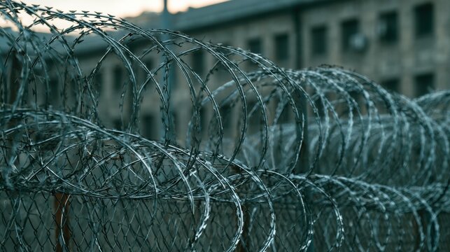 A prison or detention facility fence with multiple layers of high security chain link and coiled razor wire stands against an institutional building.