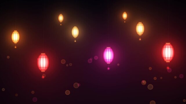 Glowing paper lanterns in red, gold and magenta gently swaying on strings against a dark night sky with bokeh