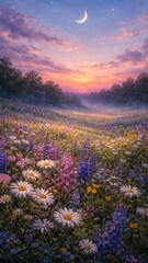Obraz premium Serene floral landscape at dusk mobile wallpaper