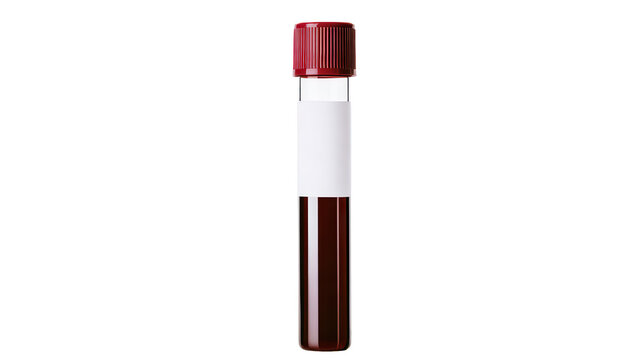 Medical blood test tube with red cap on transparent background
