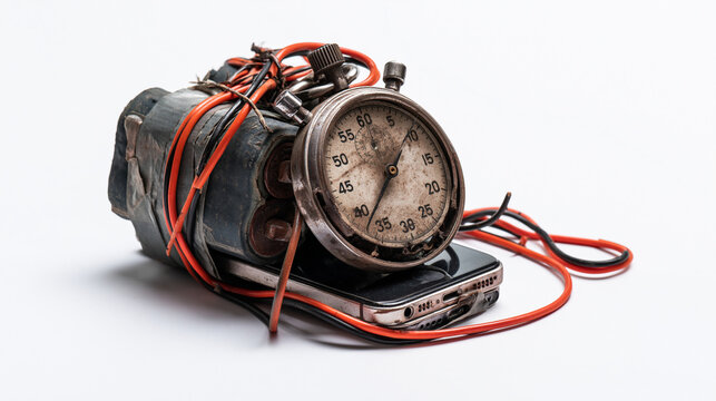 ready assembled bomb with a clockwork from an old smartphone rewound with electrical tape on a white background. terrorism concept. copy space. 