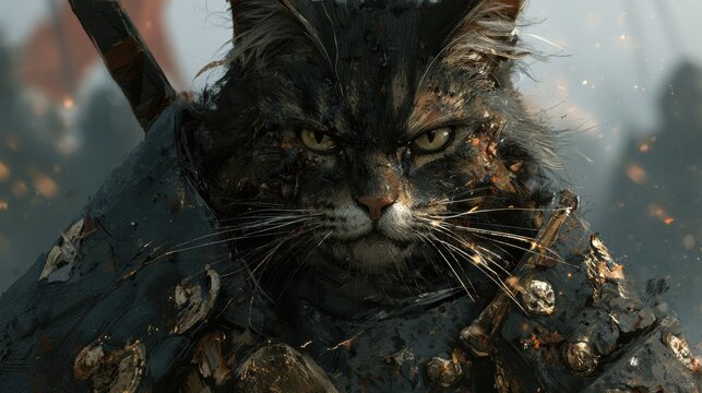 A cat clad in detailed miniature medieval armour stands on a battlefield, displaying a serious expression amid smoke and ruins.