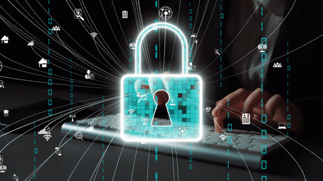 This image depicts a digital lock symbolizing cyber security, highlighting the flow of data in a modern technological environment focused on protecting sensitive information. Xenic