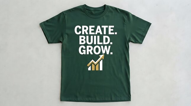 Green t-shirt with motivational text create build grow and graph icon