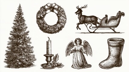 Obraz premium Collection includes hand drawn sketches of a Christmas tree, wreath, sleigh with a reindeer, candle, angel, and stocking on a white background.
