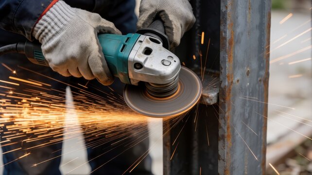 A construction worker uses an angle grinder to cut through a metal beam, producing bright sparks.