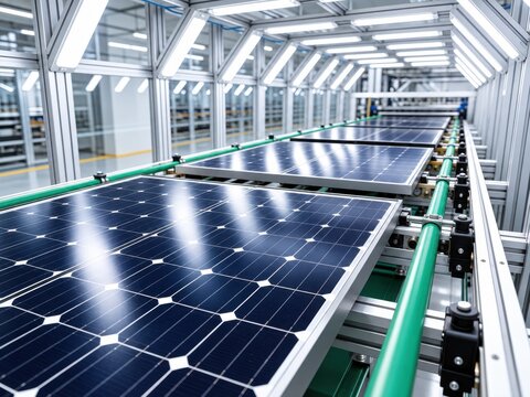 An automated assembly line in a factory manufacturing solar panels for renewable energy production.