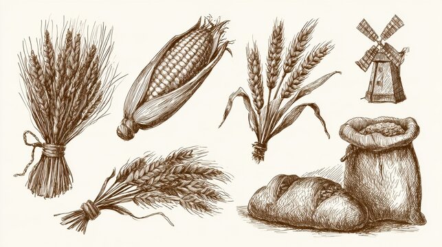 Collection shows hand drawn sketches of wheat, corn, barley, windmill, grain sack, and bread loaf with detailed crosshatch shading.