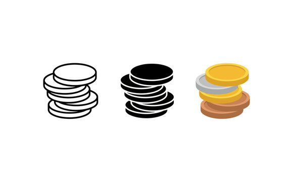 Minimalist coin stacks in outline solid and colorful vector styles