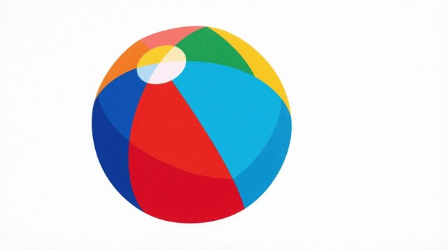 Colorful geometric beach ball with vibrant patterns. Stylized round sphere shows bright red, blue, yellow, green, orange colors. Modern graphic design of inflatable toy isolated on white background.