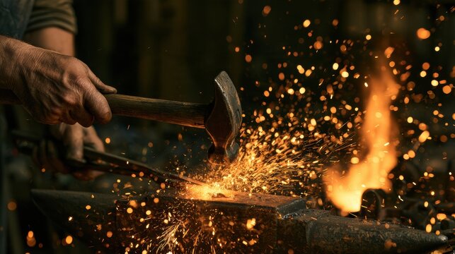 Close-up of blacksmith hands striking hot metal on anvil in a dark forge with dramatic fire light. Sparks fly during the hammer strike.