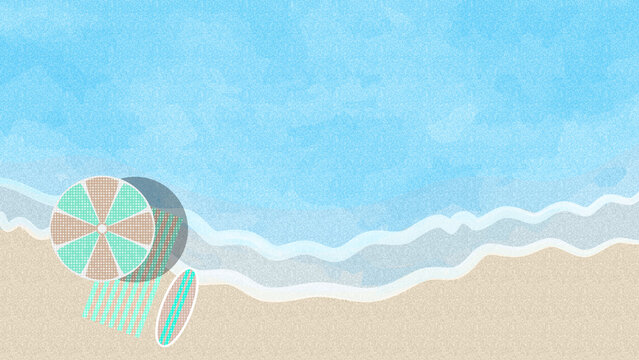 top view of beach illustration technology background. sunny ocean or sea waves with foam umbrellas beach towels surfboard represents summer vacation planning provides seasonal tourism background.