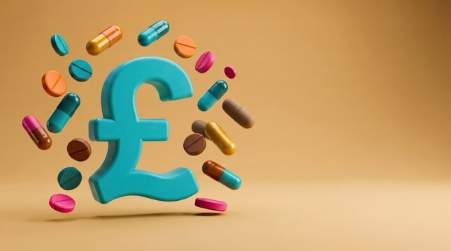 Pound sterling symbol with various pills and capsules. Representing the rising costs of healthcare, medicine, and pharmaceutical expenses in the UK.