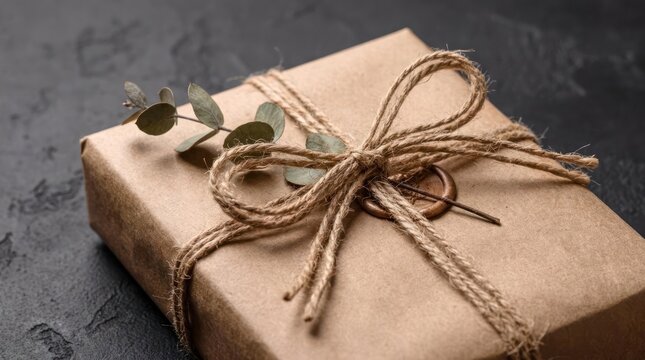 Rustic brown gift box wrapped with twine and eucalyptus.