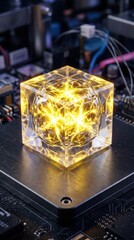 Fototapeta premium Futuristic glowing cube light display on circuit board for tech marketing and innovation concepts