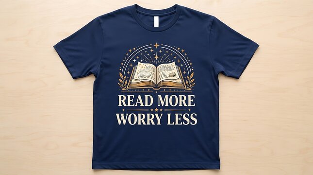 Dark blue t-shirt with open book and the words read more worry less