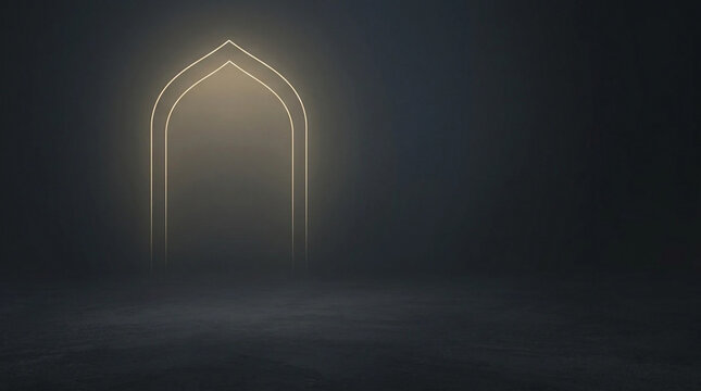 A glowing golden mihrab arch illuminates a dark charcoal space for an islamic banner background.