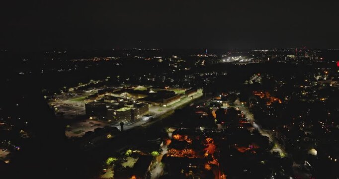 Raleigh North Carolina Aerial v42 flyover Boylan Heights neighborhood, capturing the fortified perimeter of prison from above at night - Shot with 8k Camera - Sept 30th 2023