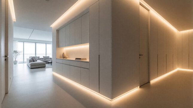 Modern minimalist hallway with built in storage, warm ambient LED lighting. Clean white interior design features seamless cabinets, hidden light strips. Spacious apartment corridor leads to bright