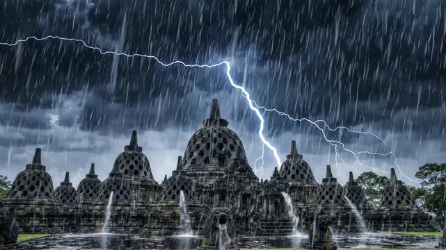 Borobudur temple during a dramatic night thunderstorm with lightning.