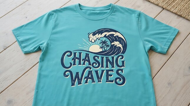 Blue t-shirt with chasing waves graphic design