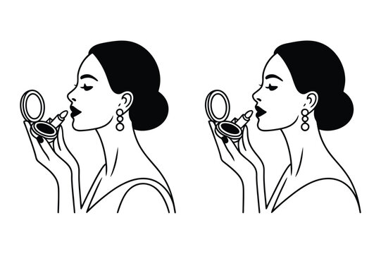 Minimalist line art illustration of a woman applying lipstick with a compact mirror
