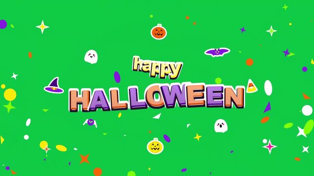 Happy Halloween text with festive confetti and spooky icons on a vibrant green background.