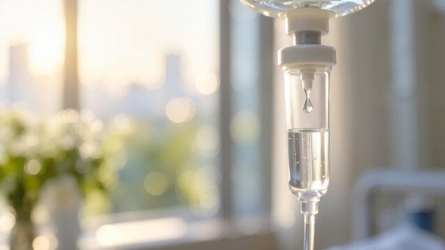 Close-up of an intravenous IV drip chamber with liquid saline solution dripping in a bright hospital room with a sunlit window and blurred flowers   
