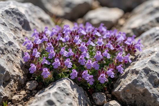 Purple rock thyme wildflower blooms among grey stones. plant growing in rocky crevices. Botanical macro shot of mountain flora. Natural environment with small violet petals and green leaves.