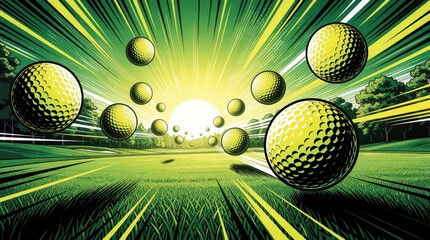 Obraz premium Comic book style golf background with vibrant yellow balls in motion over green grass. Dynamic speed lines, pop art graphics show energetic sport action. Creative cartoon design for outdoor game,