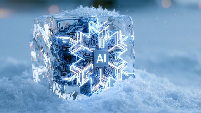 A glowing futuristic microprocessor snowflake inside a clear ice cube stands on fresh winter snow outdoors concept of advanced high tech cooling system