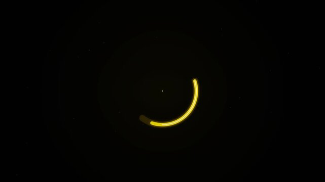 Minimalist loading icon with glowing yellow circular progress bar on dark black background, concept for digital buffering and data processing, ideal for technology websites and user interface design.