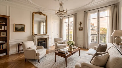 Obraz premium Elegant Parisian living room interior featuring Haussmann architecture with high ceilings, ornate crown moldings, marble fireplace, gold framed mirror, and tall French windows.