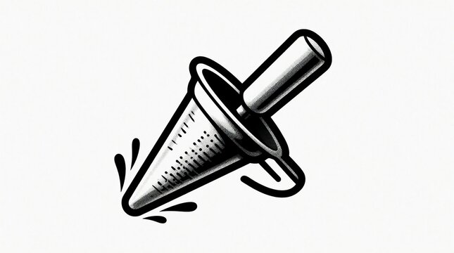 Black and white cocktail jigger illustration with liquid drops. Vintage bar tool icon for drink mixing. Minimalist line art graphic for menu design.