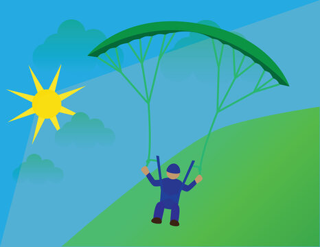 A vector art of a person doing paragliding with a background of the sky and land, with background.