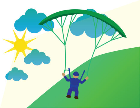 A vector art of a person doing paragliding with a background of the sky and land, without background.