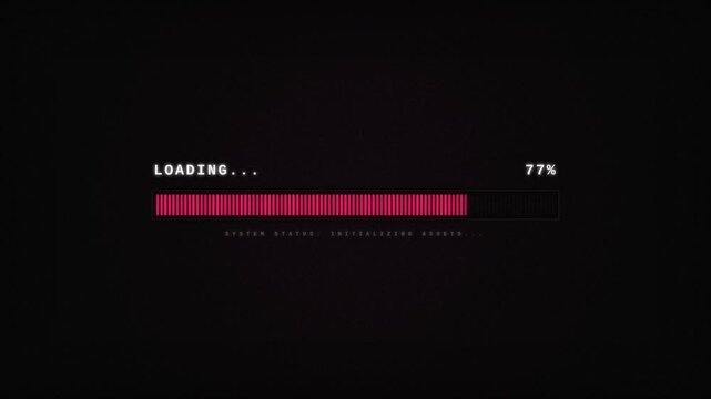 Minimalist digital loading bar with a glowing magenta progress indicator at 77 percent on a dark screen, representing system initialization for software update interface presentations