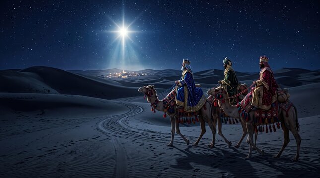Three Wise Men Riding Camels through the Desert Following the Bright Star of Bethlehem at Night
