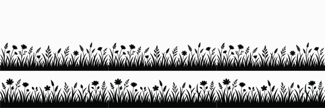 Seamless grass borders with wild flowers