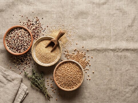 Bowls of quinoa, amaranth and coriander seeds with scattered grains and wooden scoop on linen cloth. Fresh thyme sprig beside ceramic bowls. Top view with copy space.