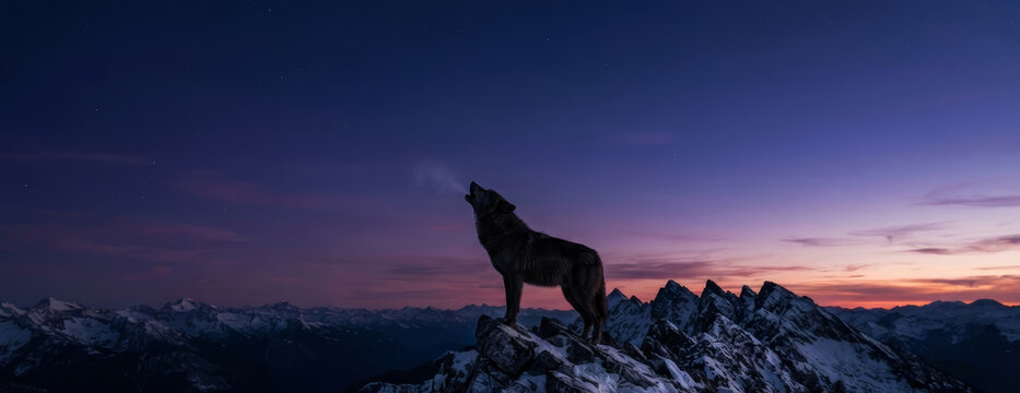 Wolf howling on snowy mountain summit at twilight. Silhouette against purple night sky with stars and alpine peaks. Wildlife in winter wilderness. Nature, freedom and wild animal concept.